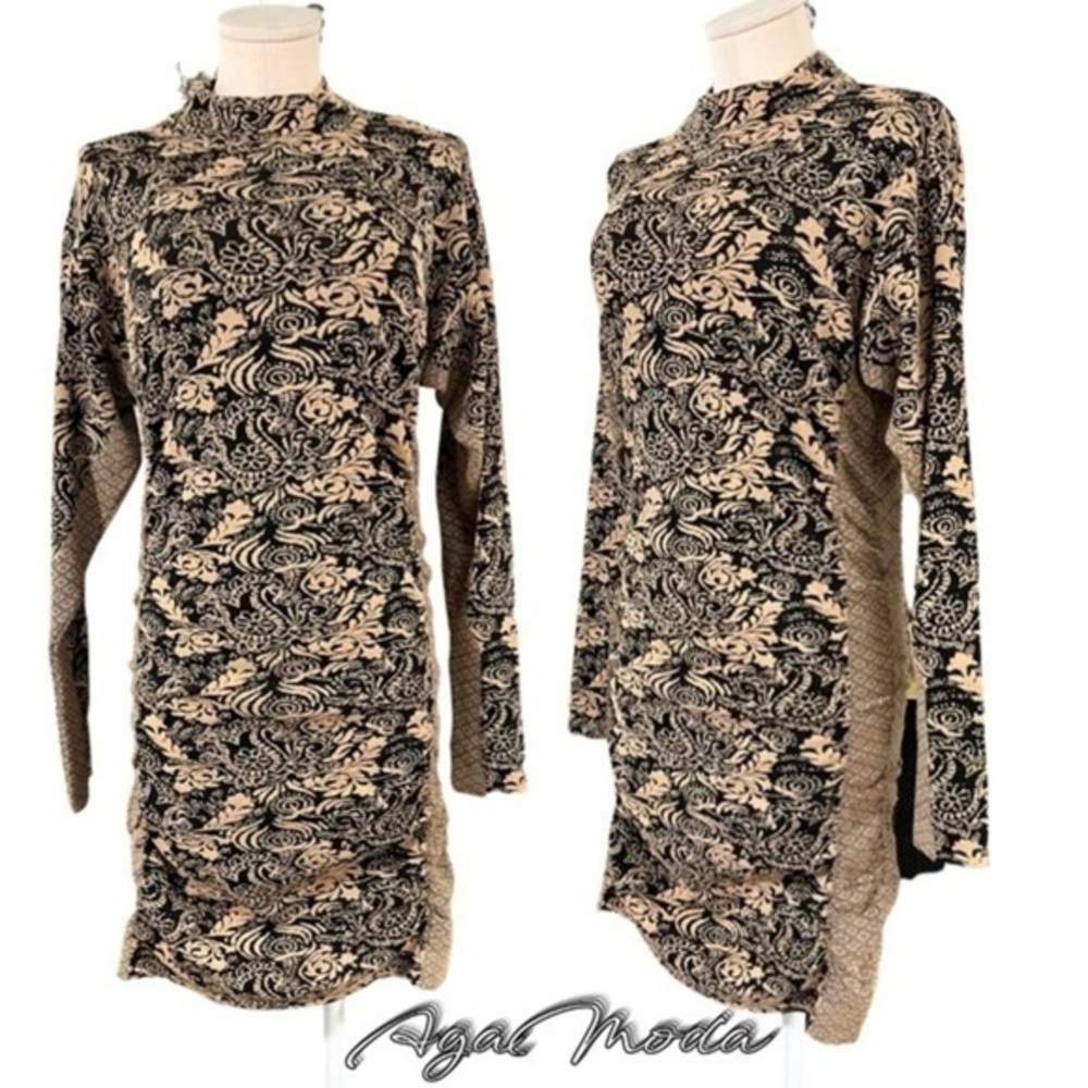 Zara Jacquard Pattern Ruched Sides Long Sleeve Stretchy Sweater Dress